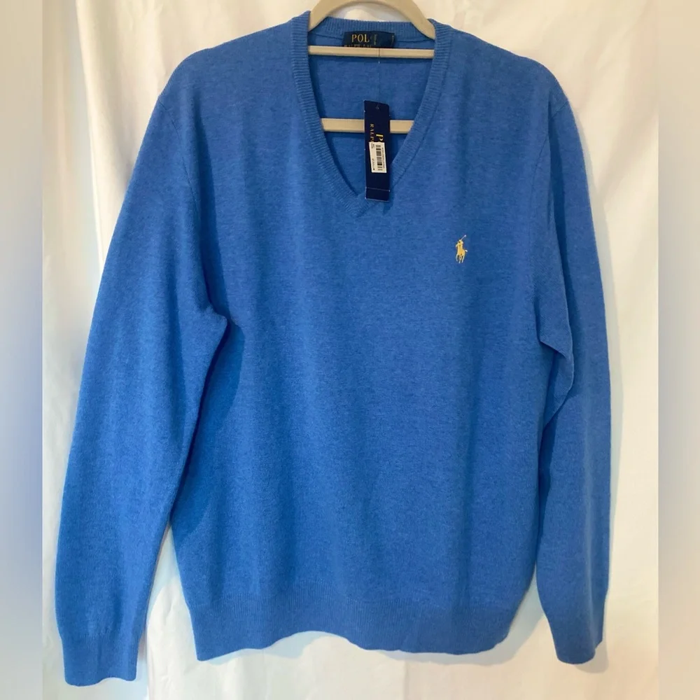 Polo Ralph Lauren Men's Blue V-Neck Sweater 100% Merino Wool SZ Large - Picture 2 of 6